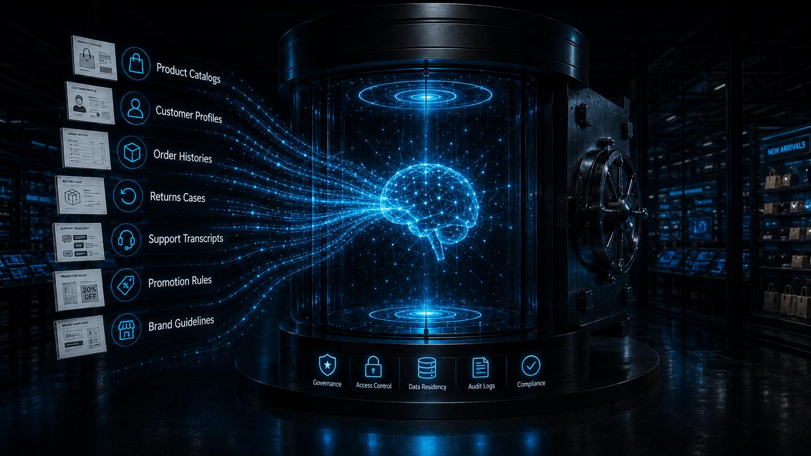 Private retail AI data control architecture with product catalogs, customer profiles, order histories, returns cases, support transcripts, promotion rules, brand guidelines, governance, access control, data residency, audit logs, and compliance