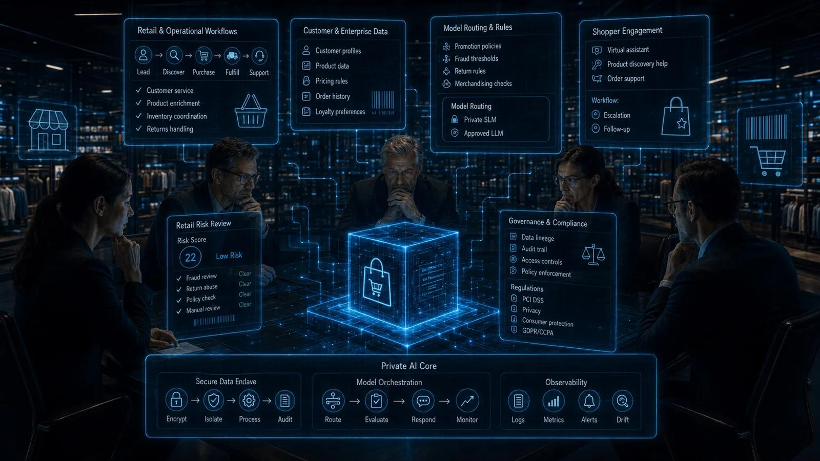 Retail AI governance architecture with shopper workflows, customer data, model routing, shopper engagement, retail risk review, compliance controls, and observability