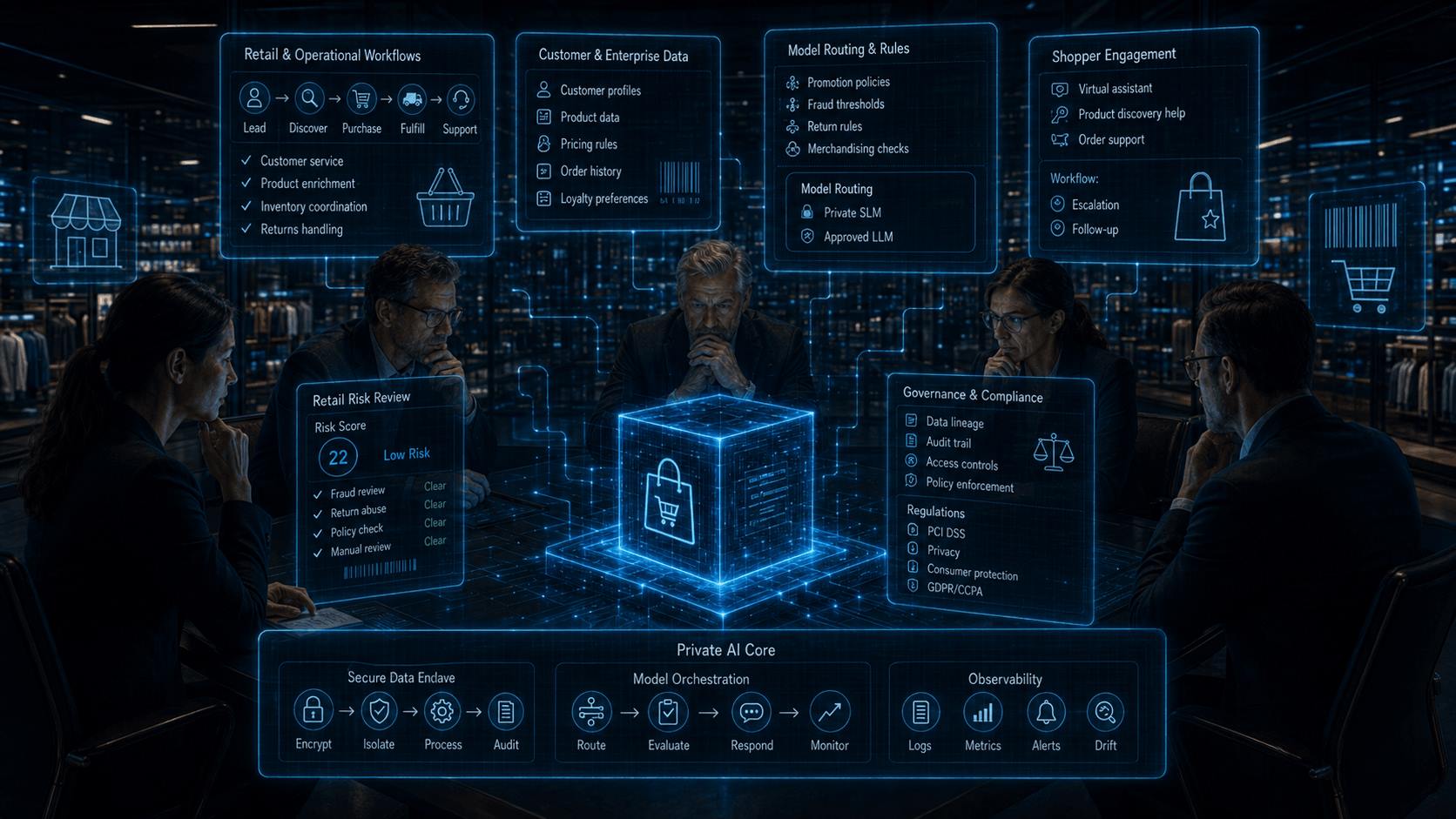 Retail AI governance architecture with shopper workflows, customer data, model routing, shopper engagement, retail risk review, compliance controls, and observability