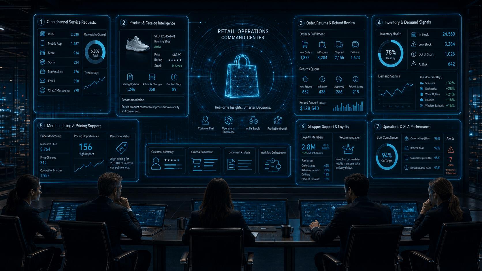 Retail operations command center with omnichannel service requests, product and catalog intelligence, order and returns review, inventory demand signals, merchandising support, loyalty, and SLA performance