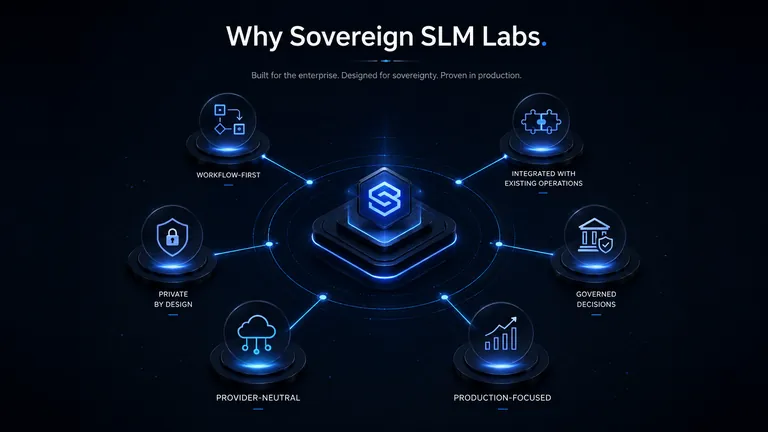 Sovereign SLM Labs platform principles: workflow-first, integrated, private by design, governed, provider-neutral, and production-focused