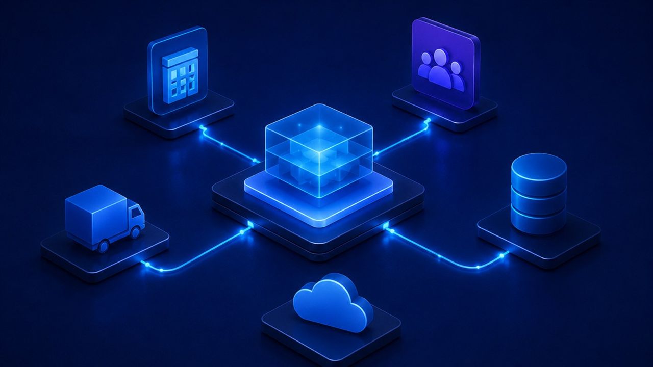 Central trade scheme workflow connected to finance, users, distributor operations, data stores and cloud or legacy enterprise systems