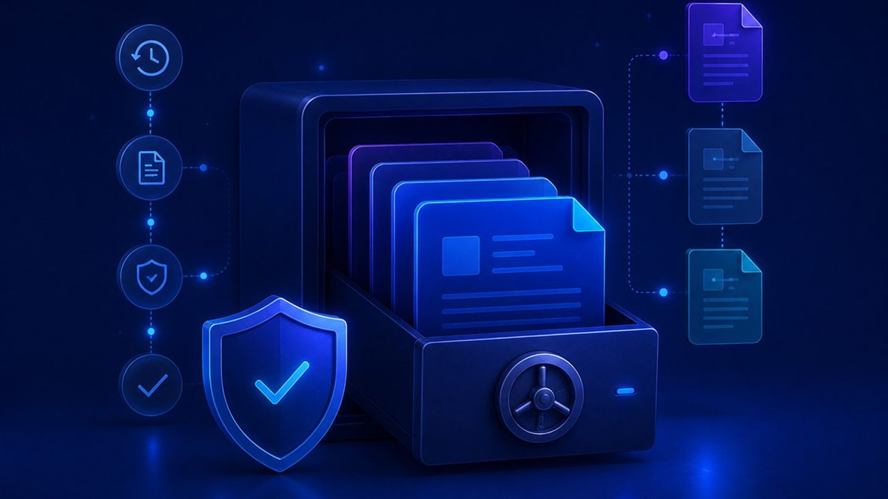 Secure searchable archive holding approved trade schemes, prior versions and evidence with retention and audit controls