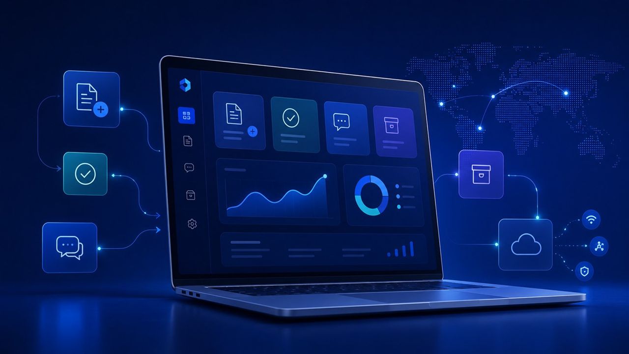 Trade scheme management dashboard coordinating documents, approvals, communication, archive and connected enterprise systems