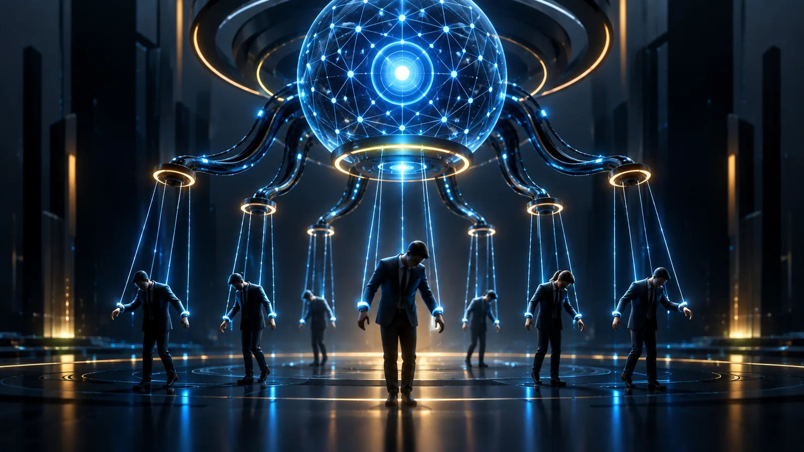 People controlled by an AI system, illustrating the risks of unchecked authority